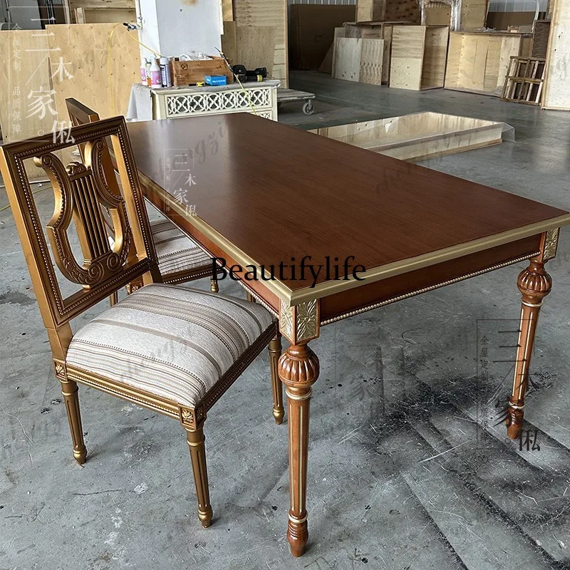 French retro solid wood dining table and chair combination rectangular dining table restaurant gold coffee table