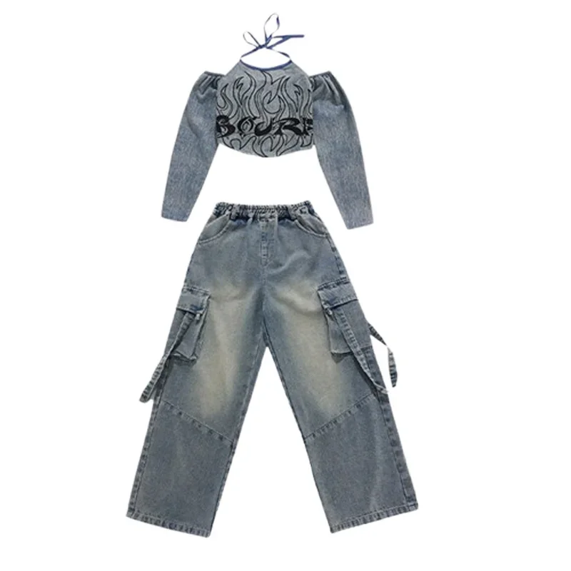 Kinder Streetwear Bühne Kostüm Mädchen Street Dance K-pop Denim Crop Top Cargo Jeans Hosen Kinder Hip Hop Jazz Shorts kleidung