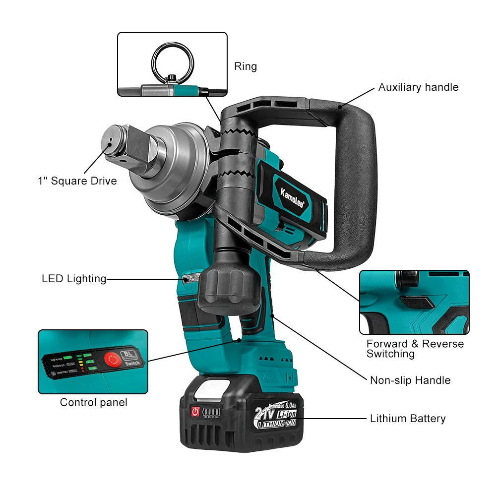 Kamolee 5000 N.M Torque 1 Inch Brushless Electric Impact Wrench Lithium-Ion Battery For Makita 18V Battery