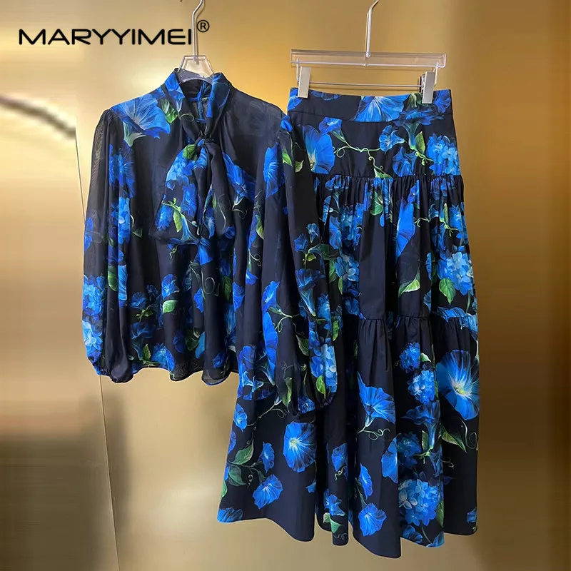 MARYYIMEI New Vintage Silk Scarf Collar Printed High-Quality Shirt + Cotton Blue Flower Printed Skirt Two-Piece Set