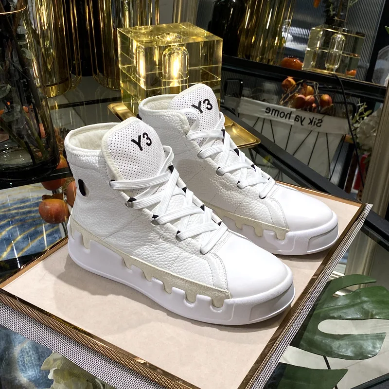 

European Fashion Casual Shoes Men High-top Sneaker Boots Cowhide Comfortable Leather Ankle Boots Lace-up Flat Trainers y3