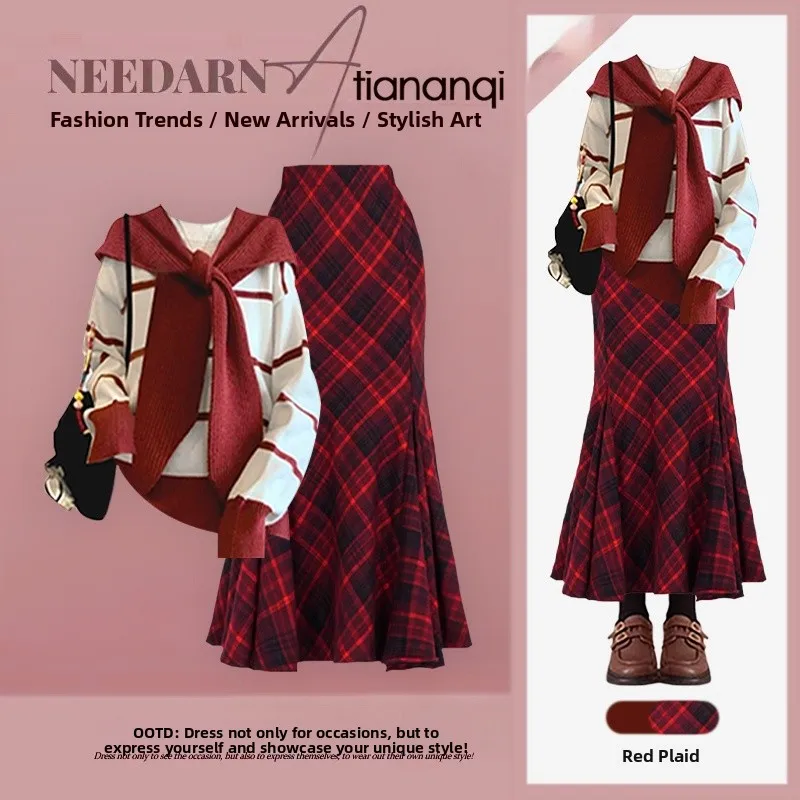 

Faionable Autumn Knitted Set Women's Design Lazy Striped Sweater High Waist Plaid Skirt Two-Piece Ensemble Ele Casual