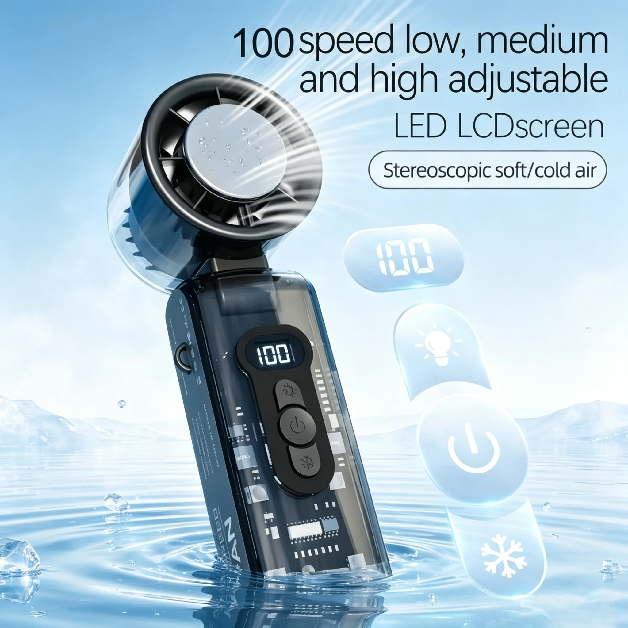 Ice Cooling Fan 4000mAh LED Light Mini Hand Portable Fan High Speed 100 Level Ice Electric Ventilateur For Travel Work Bag