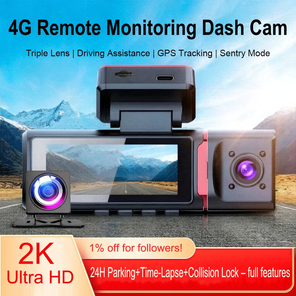 Image of 3-Kanal 4G Versteckte Dashcam 2K RemoteSnap ADAS Sentry APP GPS Totwinkel-Bewegungserkennung G-Sensor 24-Stunden-Parkzeit Zeitraffer Schleifenaufnahme Nachtsicht