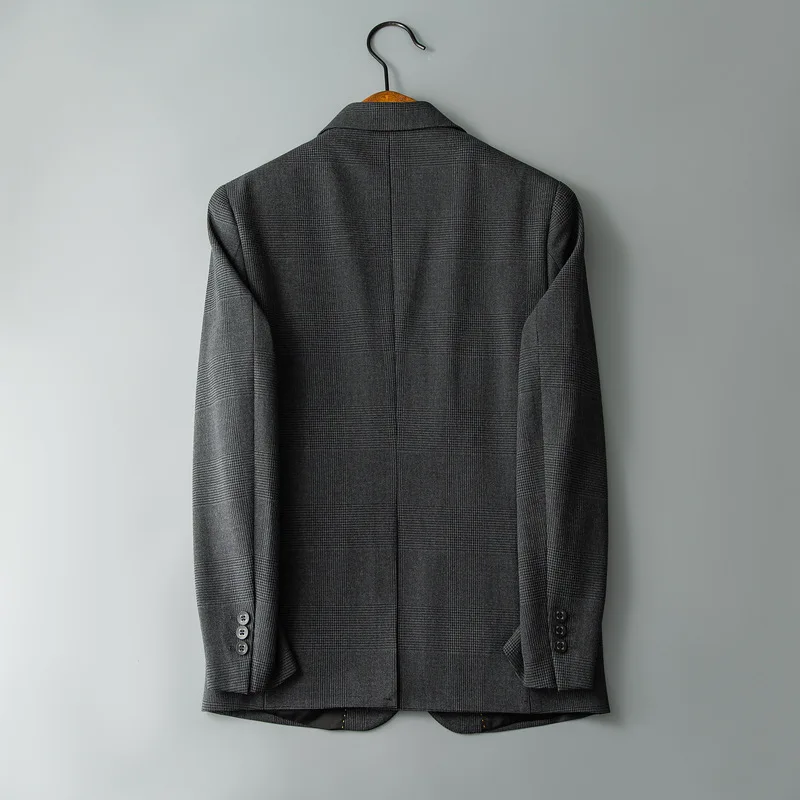 Men's Autumn-Winter Korean-Style Double-Breasted Blazer, Plaid-Pattern Lapel-Collar Loose-Fit Business-Casual Formal Outerwear