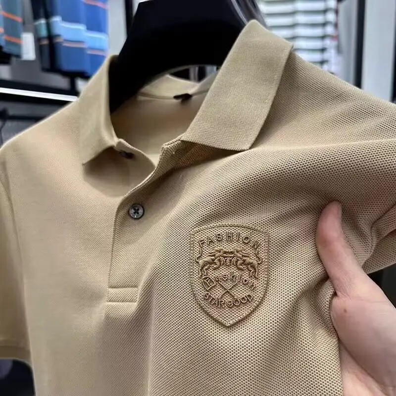 Ice Silk Short Sleeve  Shirt Men's Casual Turn-down Collar Embroidery Top City Walk Cool Feeling Lightweight Summer New A...