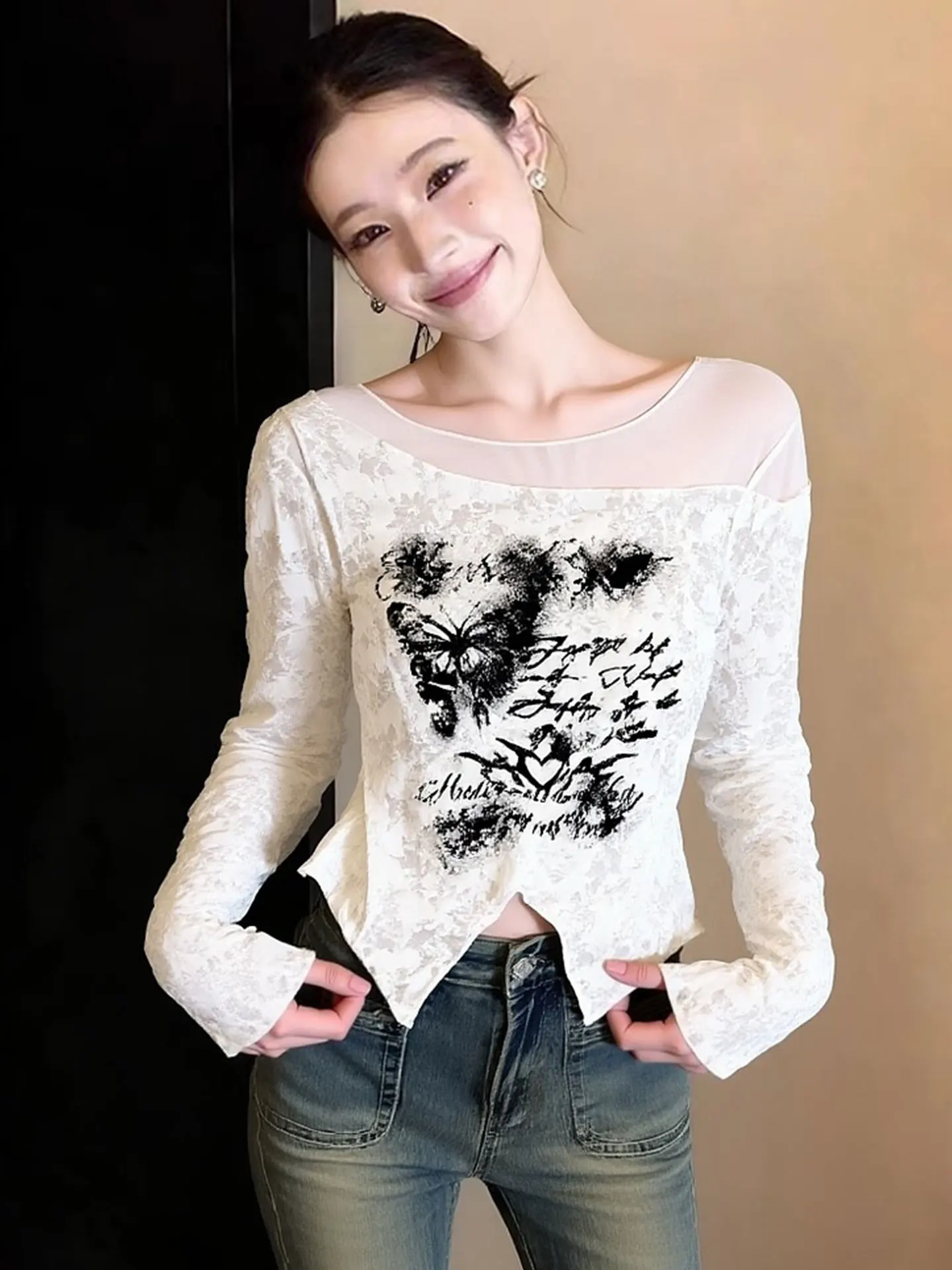 

Модная женская футболка с длинным рукавом, комбинированная, премиум-класса, весенняя, в корейском стиле, прямого кроя, из шелкового материала, с круглым вырезом