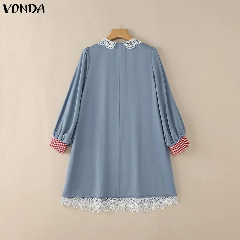 Plus Size 5XL VONDA Elegante Mini-jurken met lange mouwen Damesmode Patchwork Plaid Zonnejurk Zomer Kant Kantoor Korte vestidos