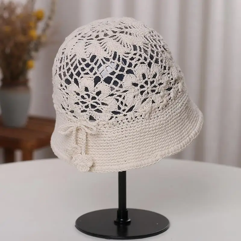 Handmade Braided Hat Women\'s Spring and Summer Japanese Bow Hollow Flower Bucket Hat Adjustable Knitted Woolen Cap