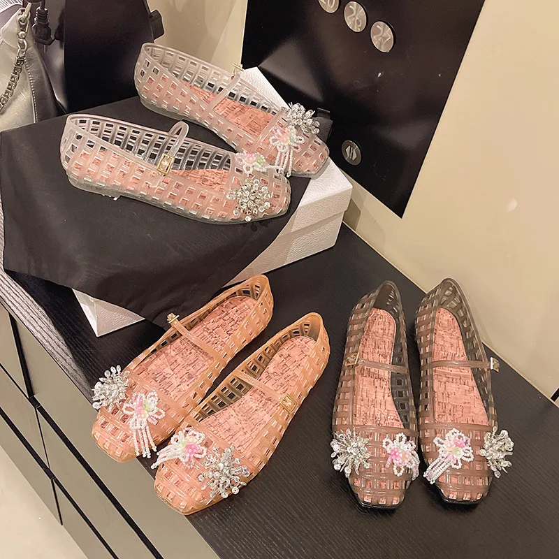 

Women's new rhinestone decoration transparent retro jelly casual women's shoes round toe shallow mouth PVC sandals