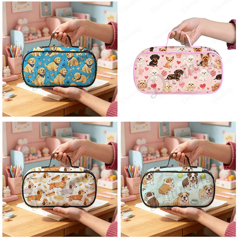 Cartoon Kawaii Dog Graphic Print Woman Cosmetic Case Golden Retriever Bulldog Dachshund Puppy Pencil Bag School Pencil Box