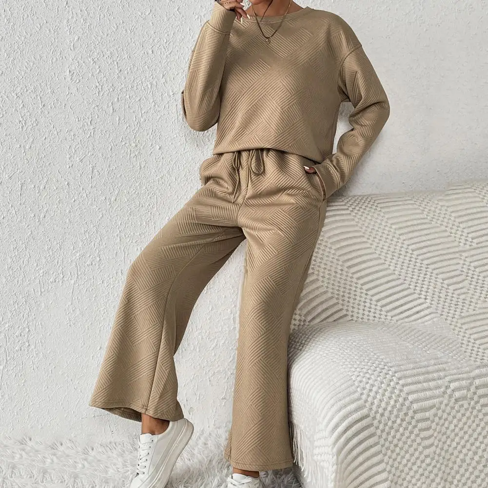 

Women Casual Suit Set Women's Textured Solid Color Sweatshirt Wide Leg Trousers Set Round Neck Long Sleeves Sport for Fall