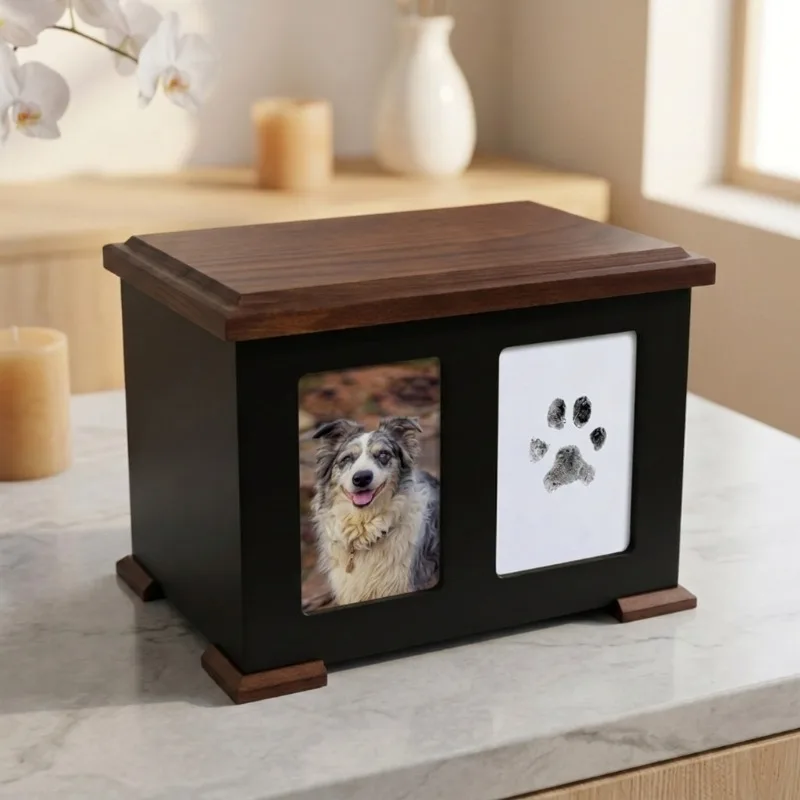 pet memorial Wooden Pet Urn with Photo Frame & Paw Print Slot, Memorial Ashes Keepsake Box for Dogs Cats, Funeral Tribute Casket