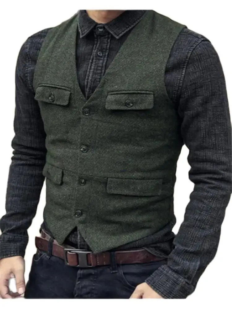 

Men's Suit Vest Brown Burgundy Herringbone Wool Tweed Vintage Steampunk Waistcoat Formal Business Vests For Men Wedding 2022