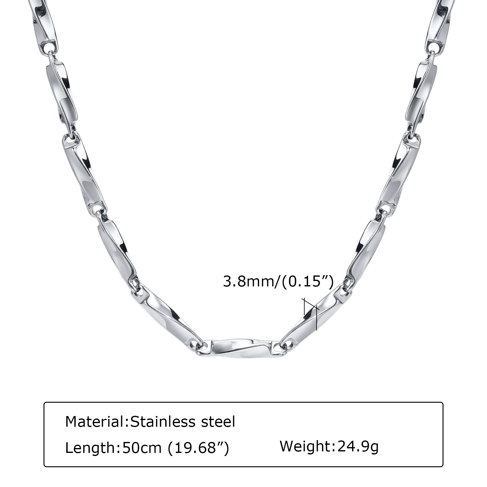 Vnox Mobius Chain Necklaces for Men, 4mm Twisted Bar Links Necklace, Never Fade Silver Color Geometric Boy Collar