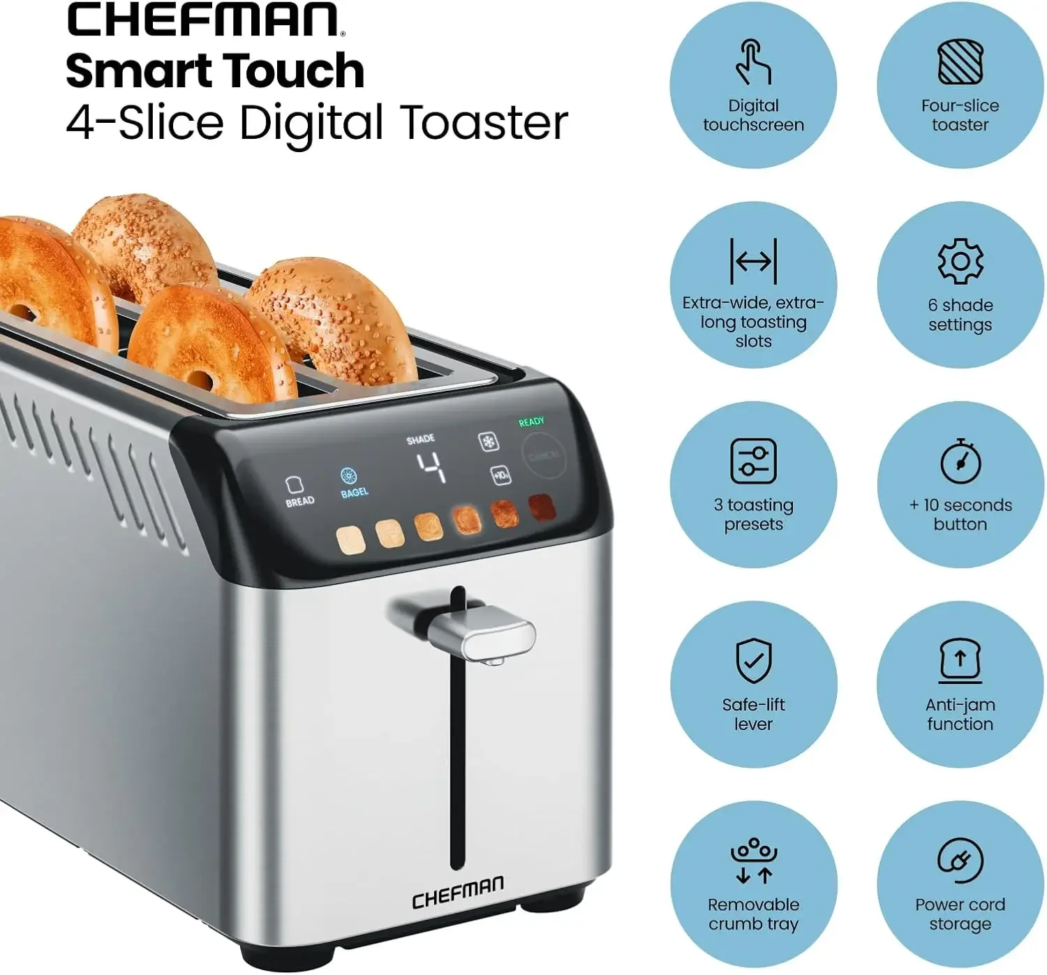 4 Slice Digital Toaster, 6 Shade Settings, Stainless Steel Toaster 4 Slice with Extra-Wide Slots, Thick Bread Toaster and Bagel