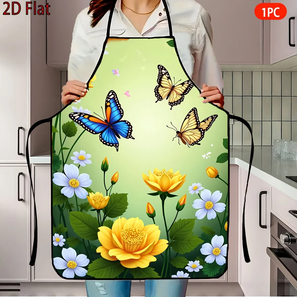 2D Flat, 1pc, Apron With A Pattern Of Dancing Butterflies And Blooming Flowers, Suitable For Kitchen, Gardening, And Fashionable