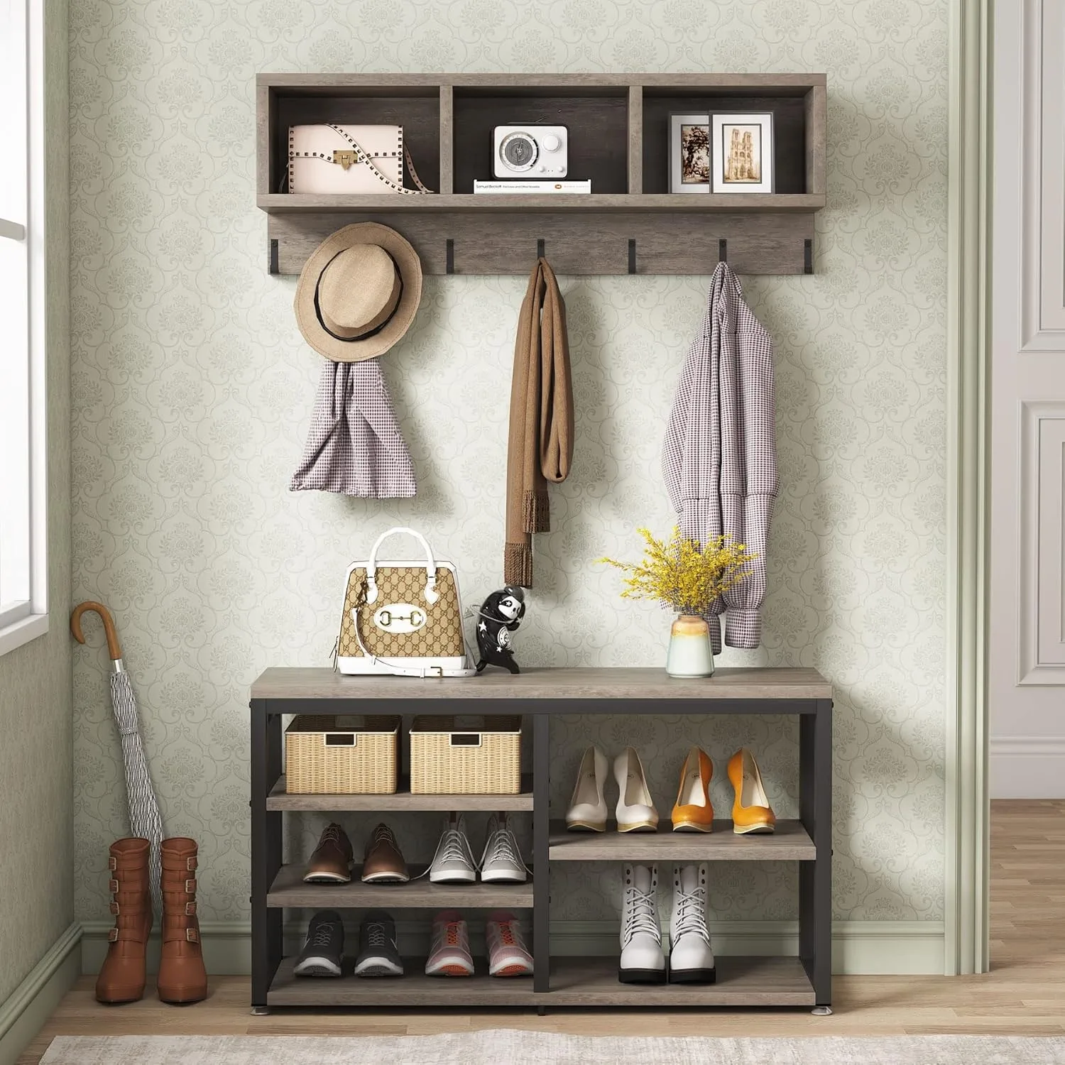 #LITTLE TREE Industrial Coat Rack Shoe Bench Set, Hall Tree with 3 Cubbies, 7 Hooks for Entryway Hallway, 5 in 1 Vintage Grey