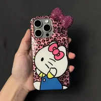 3D Bow Leopard Print Hello Kitty Ins Cartoon Phone Case For iPhone 16 15 14 13 12 11 Pro Max XR XS MAX 7 8 Plus MINI Y2K Cover