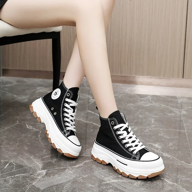 2024 Spring autumn Female Women High Top Sneakers Lace-Up Casual Plarform Height Canvas Non-slip Wear Resistant Vulcanize Shoes