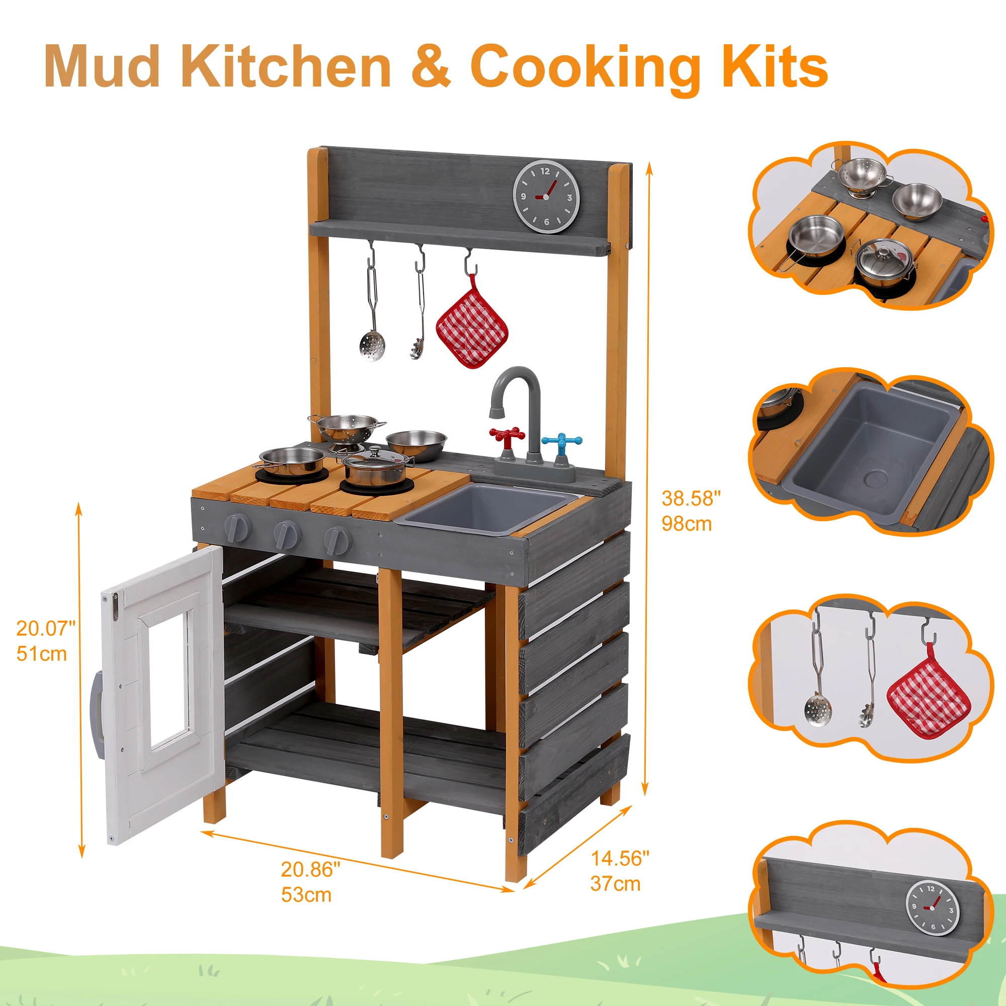 Wooden Mud Kitchen for Kids, Outdoor Play Kitchen with Removable Sink,Faucet,Running Water,Stove Top and Storage Shelf