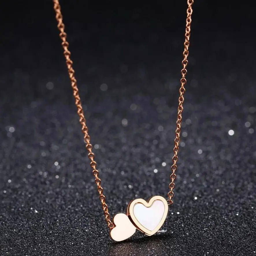 Stylish little fresh double Heart Sweet shell set stainless steel collarbone necklace for ladies birthday party jewelry