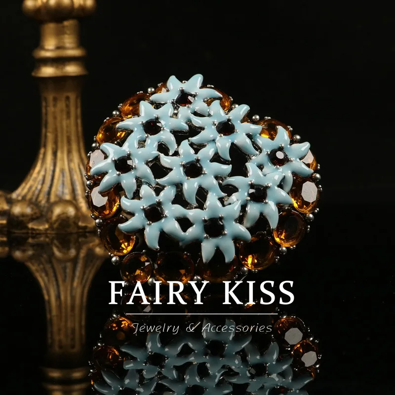 Medieval  blue brooch enamel flower majestic hollow imitation pearl  брошки corsage ретро