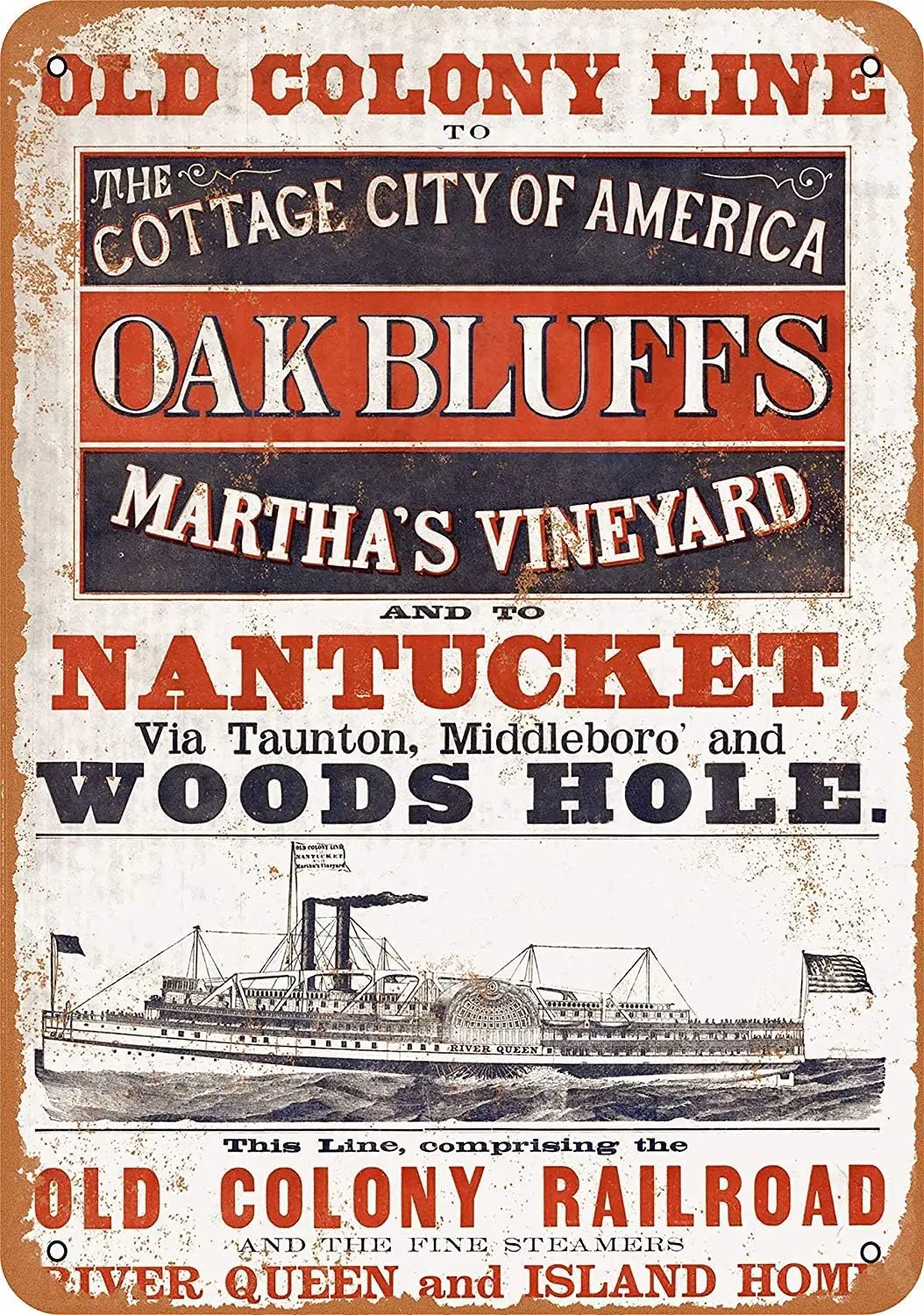 1p, Vintage Look Metal Sign - Old Colony Line Marthas Vineyard Nantucket