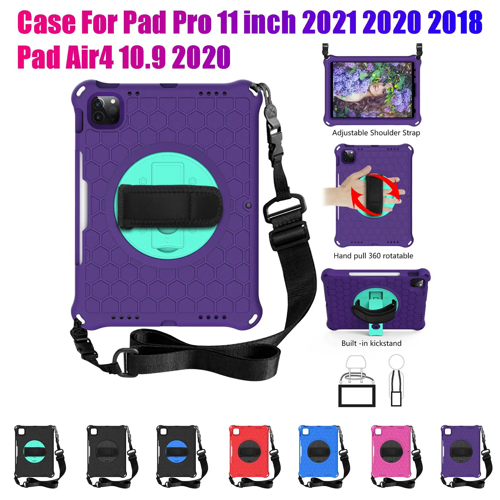 Case for iPad Pro 11 Inch 2021 2020 2018/ iPad Air4 10.9 2020 Tablet Case Anti-Drop with Strap and Tablet Stand