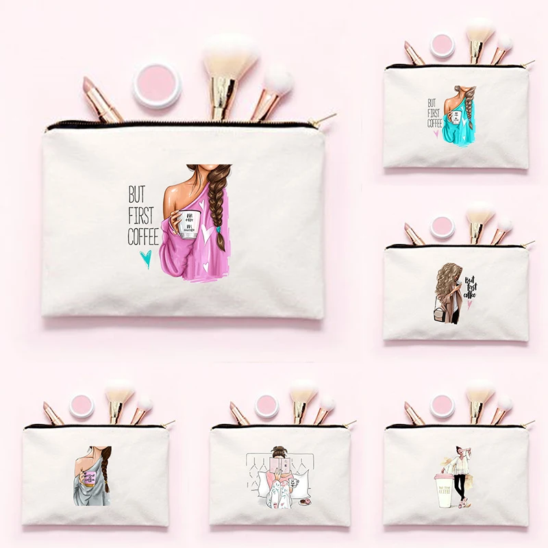 Women Fashion Travel Make Up Necessaries But First Coffee Print Cosmetic Bag Organizer Zipper Makeup Bag Pouch Toiletry Kit Bag