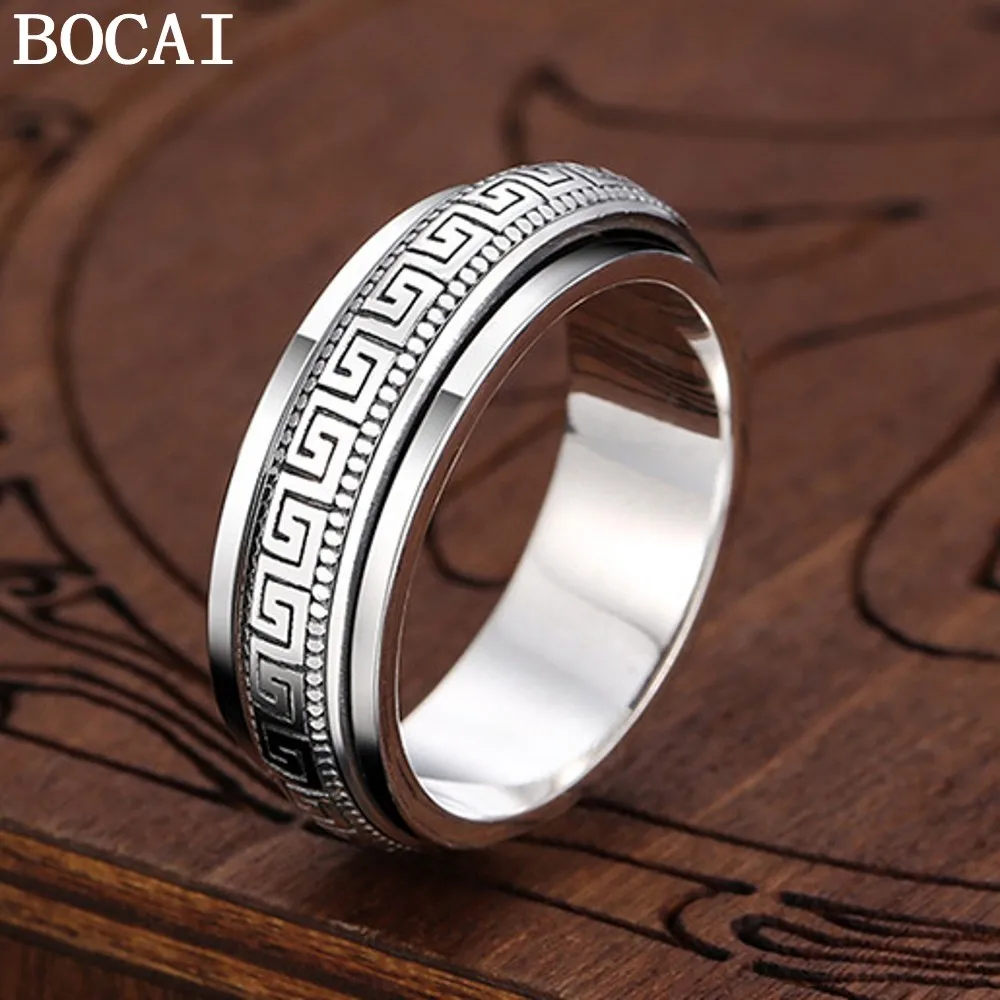 

BOCAI New S925 Sterling Silver Jewelry Personalized Manring Retro Great Wall Pattern Good Luck Turning Man Ring