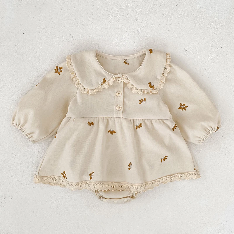 Baby-Mädchen-Stramplerkleid, langärmelig, mit Spitze, Peter-Pan-Kragen, Blumenstickerei, Baby-Overall, Frühling/Herbst, Kleidung für Kleinkinder, 0–24 Monate. – Detail 2