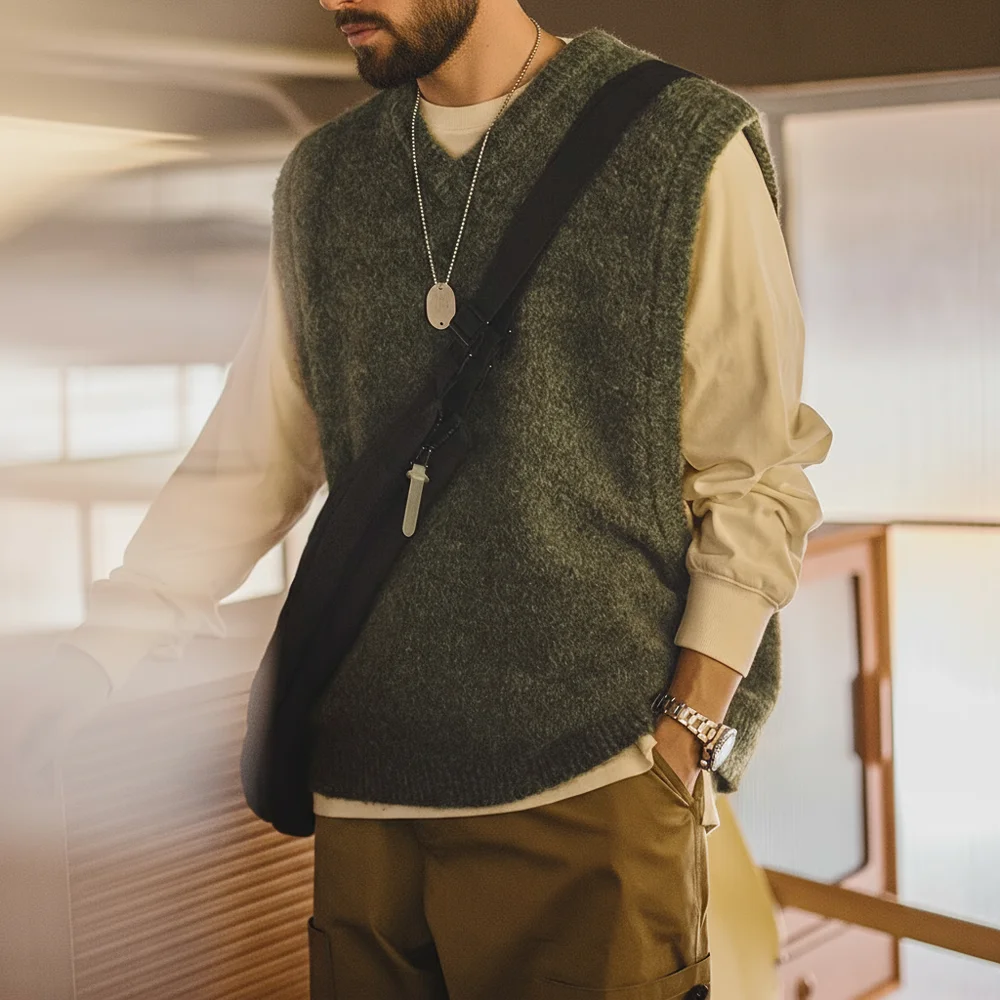 

Maden Men's Retro Knitted V-neck Vest for Layering Solid Pullover Warm Sleeveless Waistcoat for Fall and Winter Knitted Tops