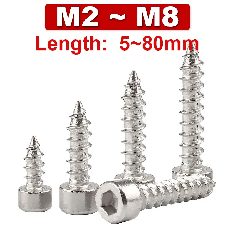 

304 Stainless Steel Cylinder Head Tapping Screws Cup Head Hexagon Socket Sound Horn Screws Wood Screws M2M2.6M3M3.5M4 30/50pcs