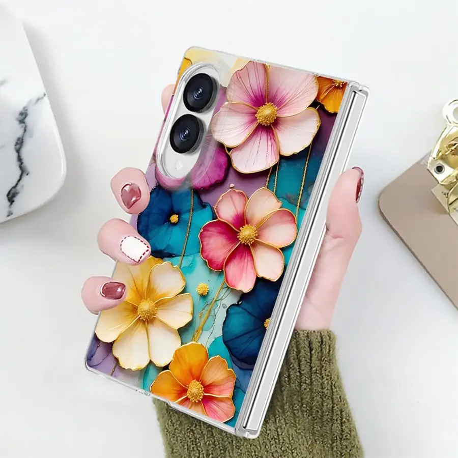 Colorful Flowers With Gold Edges Phone Cover Case for Samsung Galaxy Z Fold 8 ZFold 8 PC Hard Luxury ZFold8