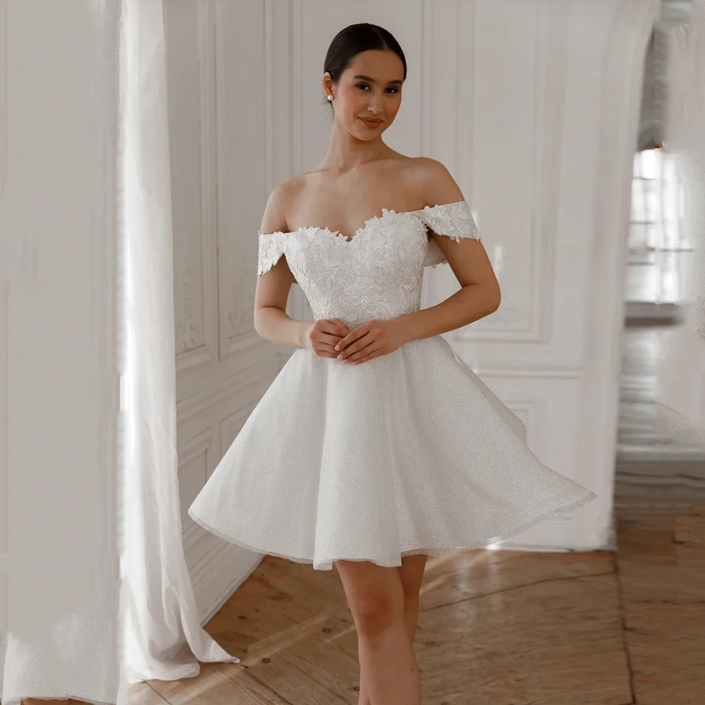 반짝이는 아플리케 웨딩 드레스 오프 숄더 스위트하트 코르셋 짧은 신부 가운 여성용 로브 드 마리에 맞춤 제작