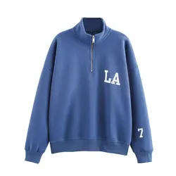 Tangada 2024 Women Blue Print Sweatshirts Zipper Long Sleeve Female Oversized Pullovers 6H0396