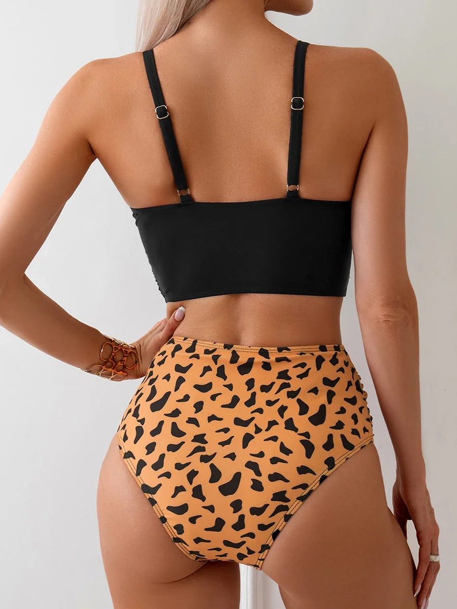 Conjunto de Bikini de dos piezas con cuello de pico cruzado para mujer, traje de baño de cintura alta, bañador femenino, ropa de playa 2024