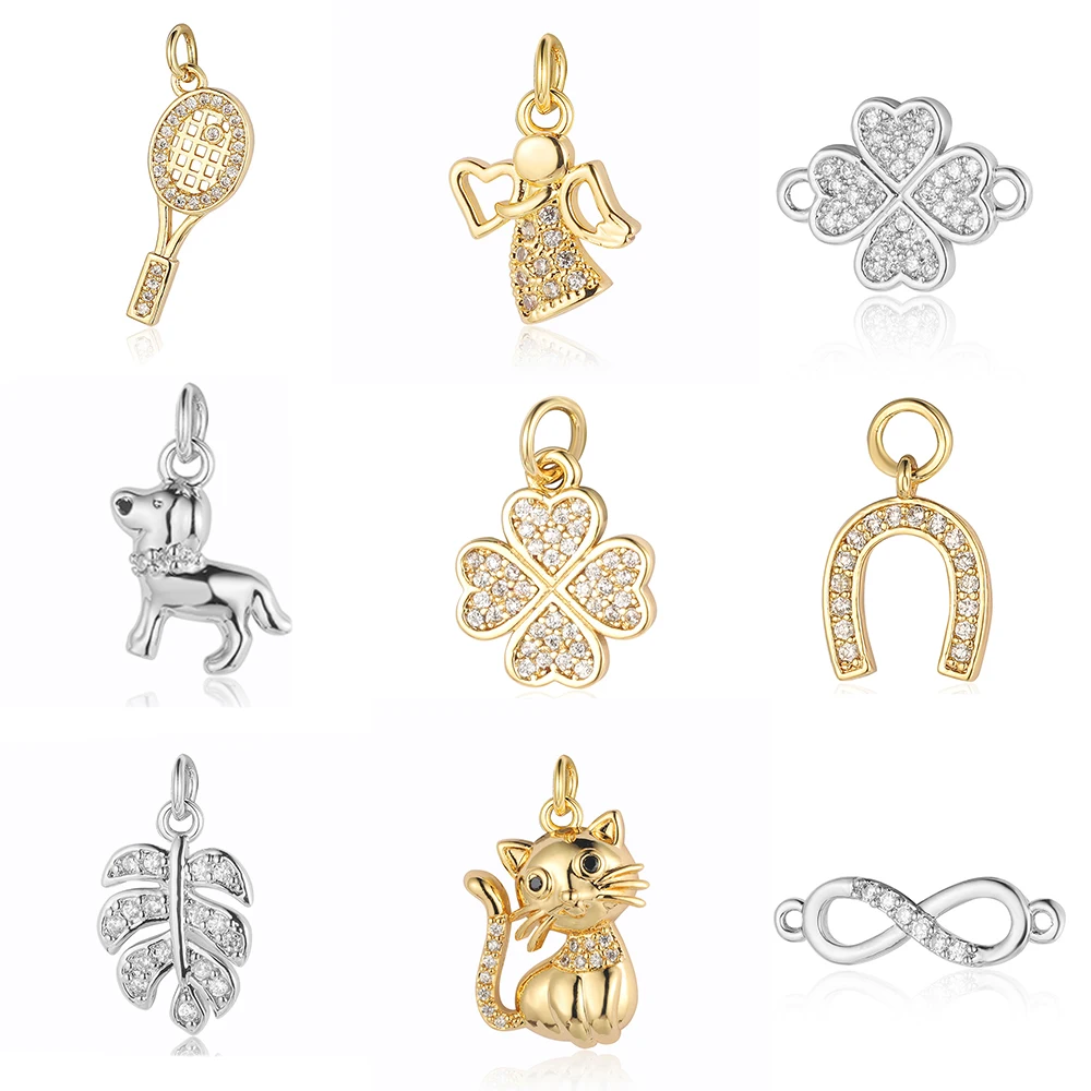 5 Peças/Lote de Pingentes de Cobre com Zircônia (CZ) e Conector Infinito 8, com Formatos de Trevo, Raquete, Ferradura, Folha, Gato, Cão e Anjo, para Joias DIY Femininas