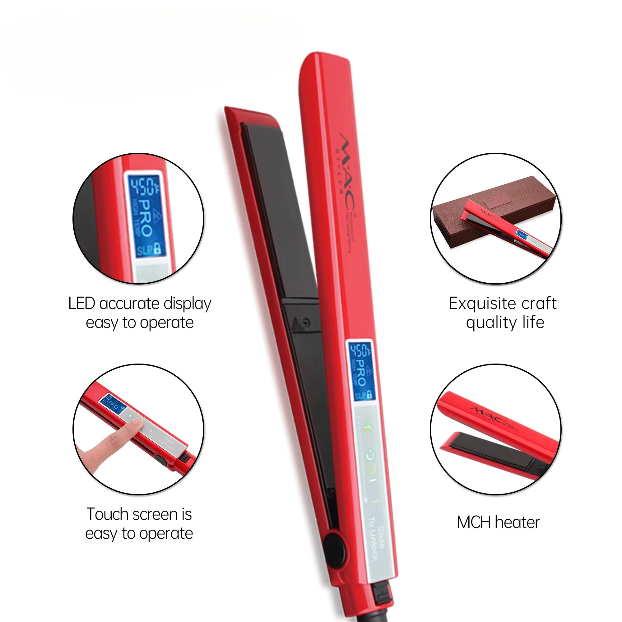 

Mac Styler Professional Red Narrow Hair Flat Rapid Heating 450F Degree Titanium Plate Hair Straightener Flat Iron