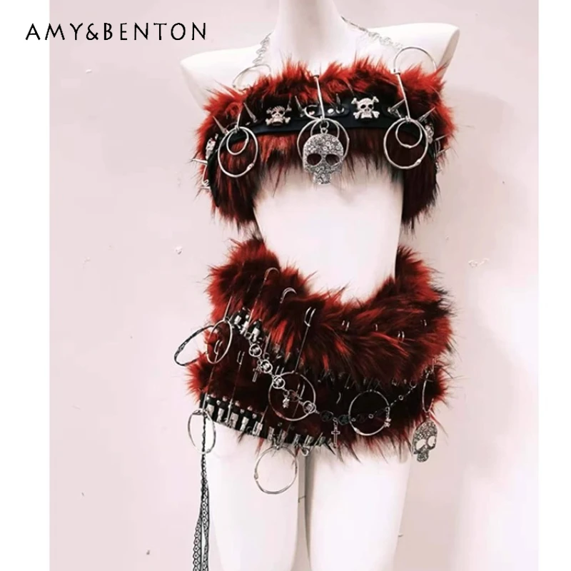 Gothic Design Punk Rock Collar Rivet Fur Women's Vest 2025 Autumn Winter New Sweet Cool Sexy Heavy Mini Short Skirt Set Ladies