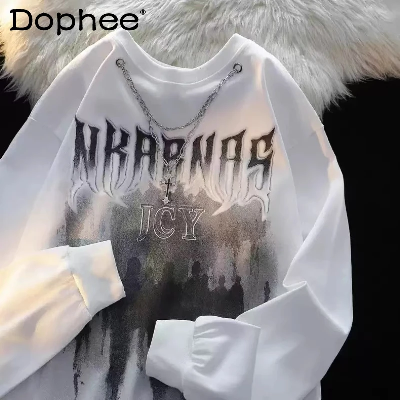 2025 New American Trend Necklace Long Sleeve Sweater Casual Crew Neck Loose Retro Street Student Versatile Top Men