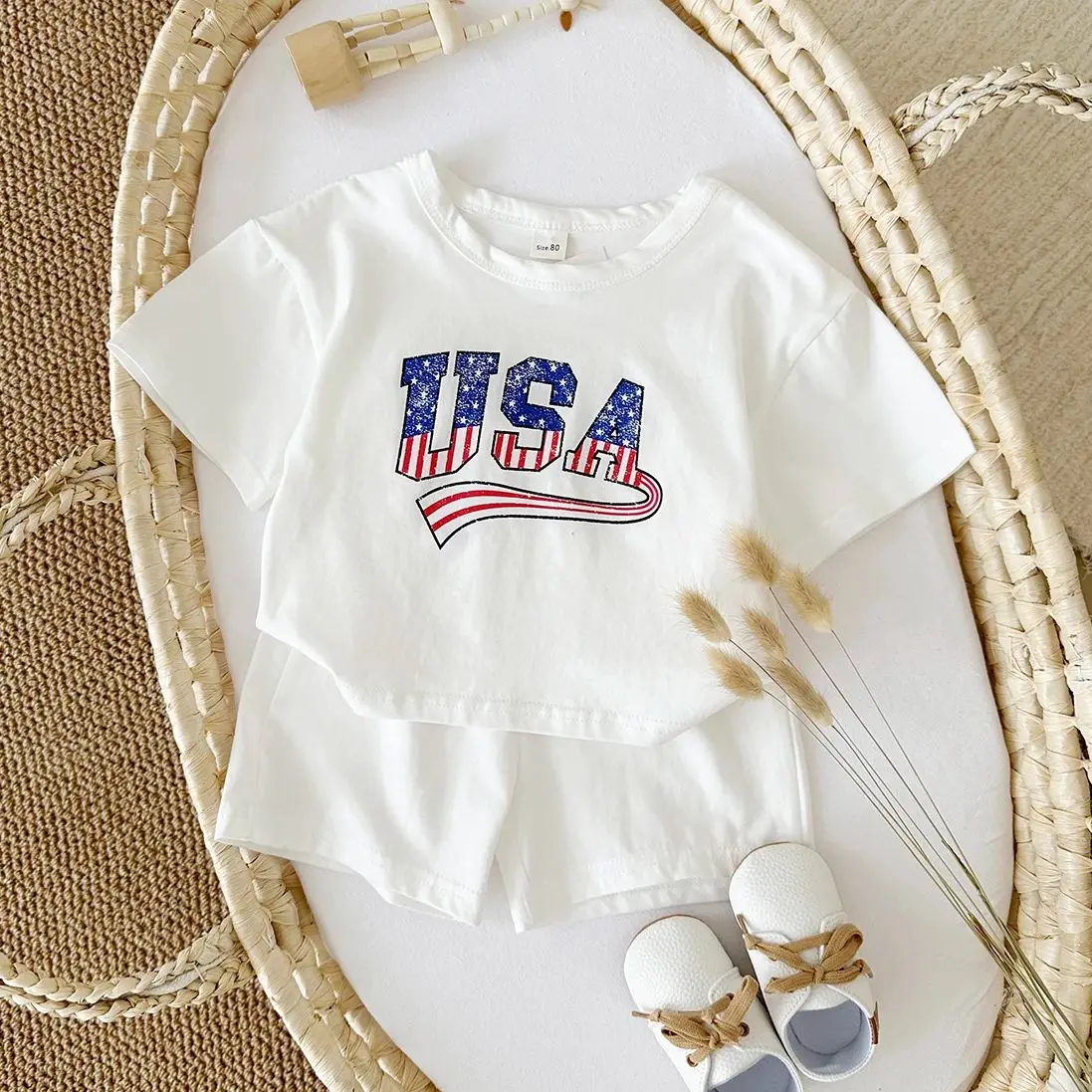 2Pcs Toddler Infant New Summer Baby Boy Clothing Set USA T-shirt+Shorts Cotton Newborn Baby Girls Infant Outfit 0-4Y