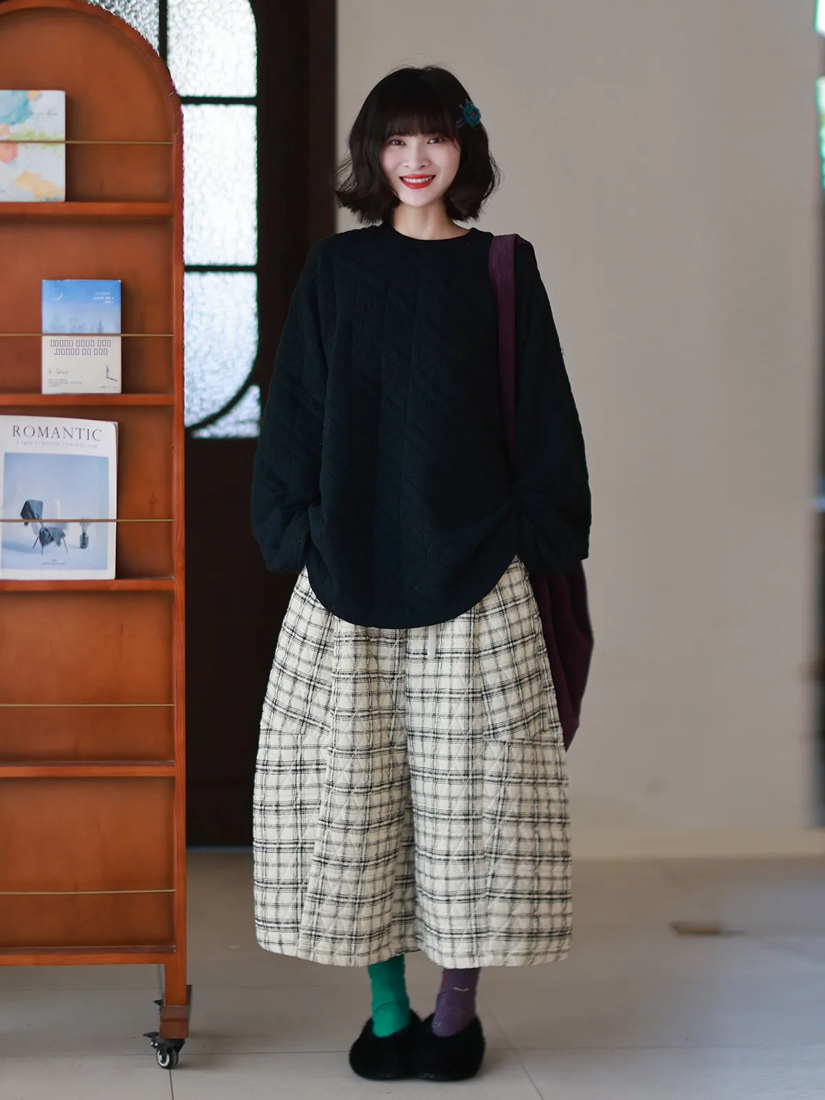 

Original Women's Winter Faion Wide Leg Air Layered Plaid Slimming Diamond Stitched Casual Pants Eighteen orts