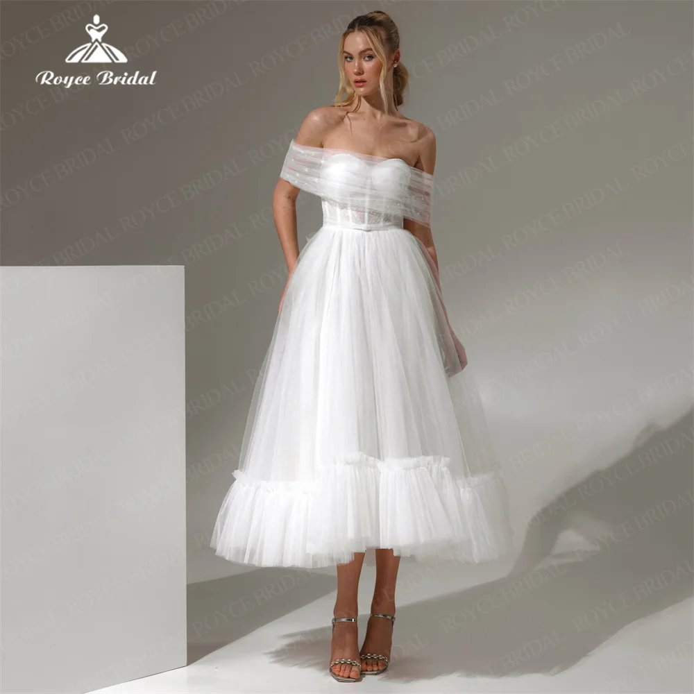 Vestido de novia de línea A con volantes escalonados, elegante vestido de novia con hombros descubiertos, plisado de tul con botón, personalizado