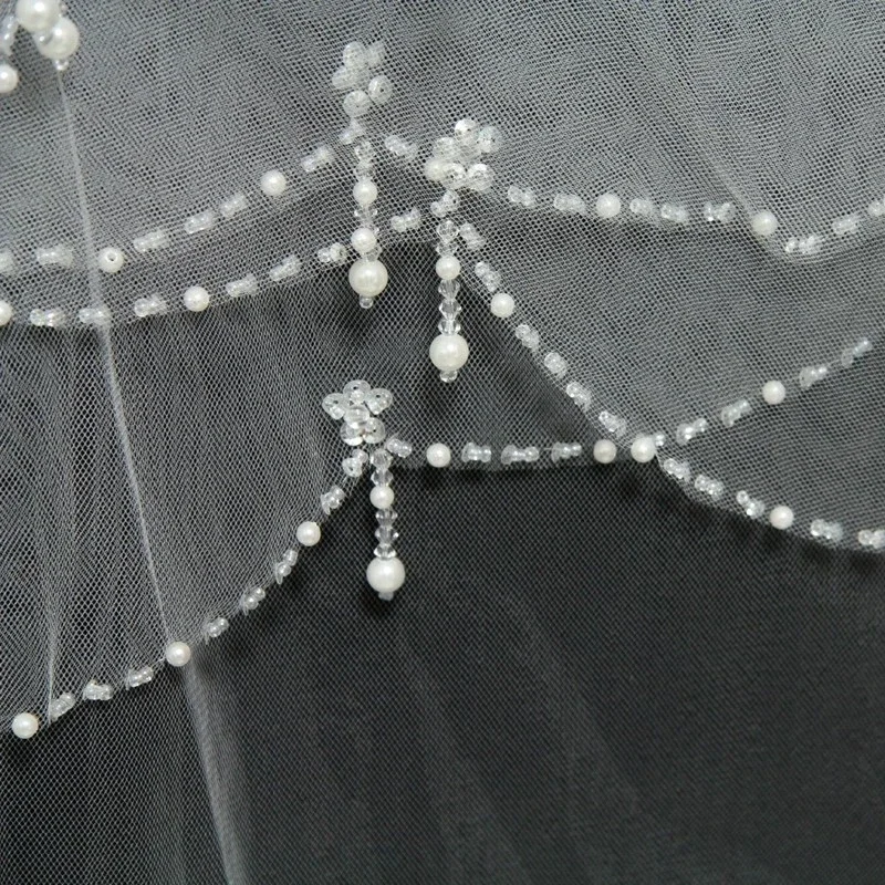 Women Wedding Veil With Comb 2 Layers Tulle Pearls Beads Bridal Accessories 2024