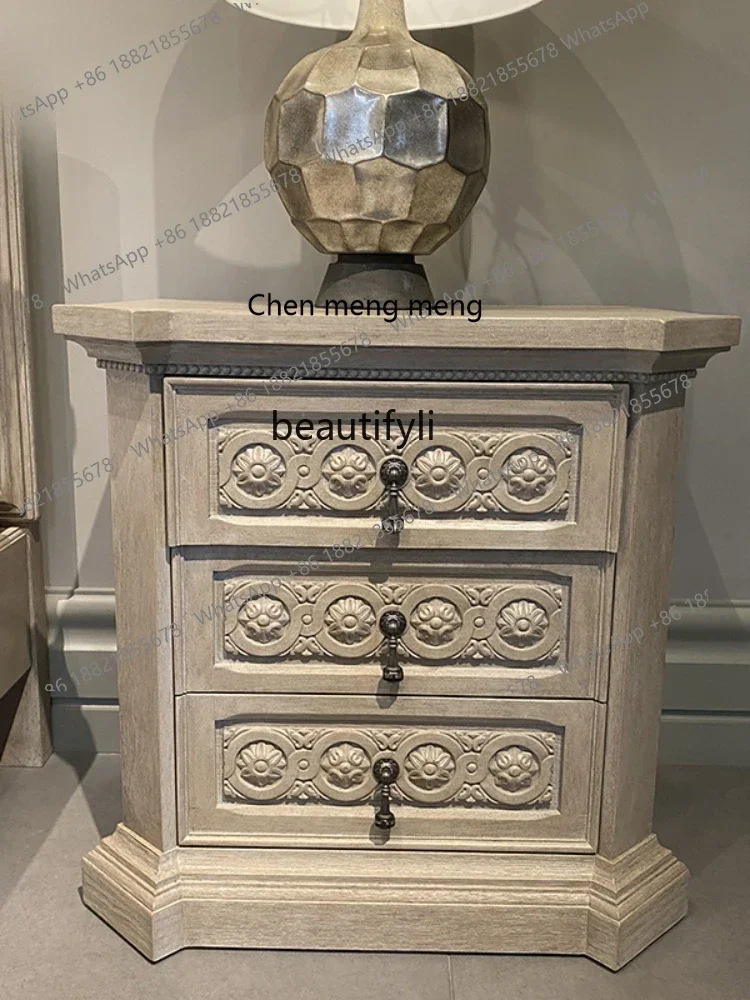 

ss7304 American Light Luxury Bedside Table Vintage Distressed Solid Wood Bedroom Three Drawer Cabinet Storage Organizer