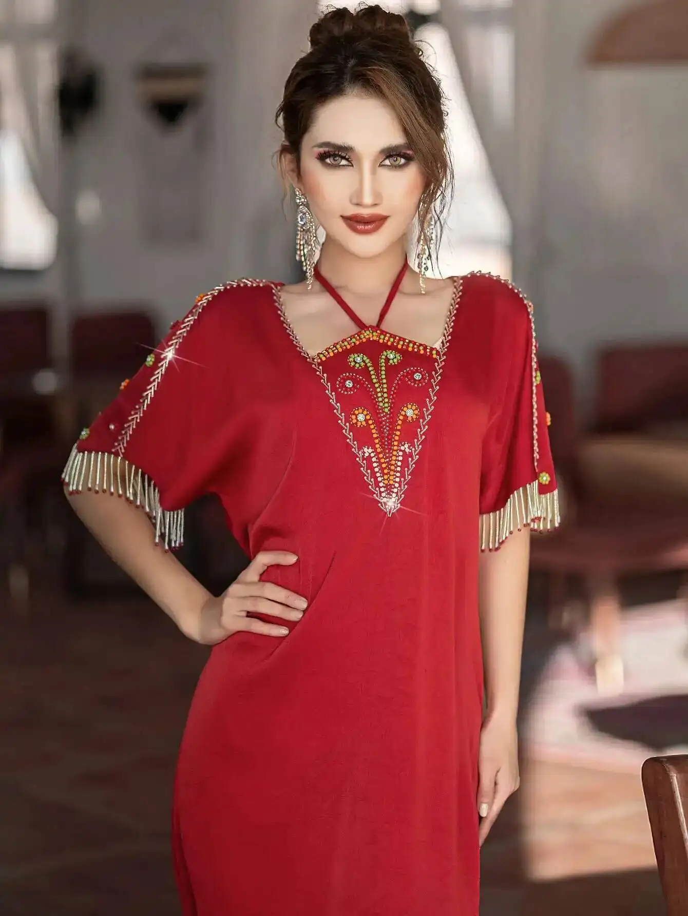 

Red Ba5182 Robe Handmade Embroidery Tassel Fashion Halter Neck Split Hem Dress Robe Abaya Ramadan Dubai Luxury Islam Elegant