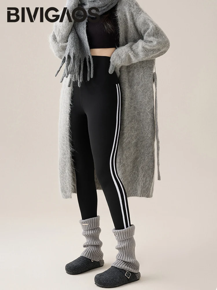BIVIGAOS New Autumn White Striped Light Fleece Leggings Women Winter Pants High Waist Slim Velvet Thick Sport Warm Leggings