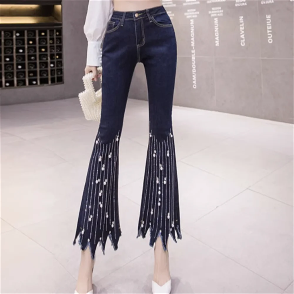 

ladies' jeans bead tassel thin micro-horn slim casual pants